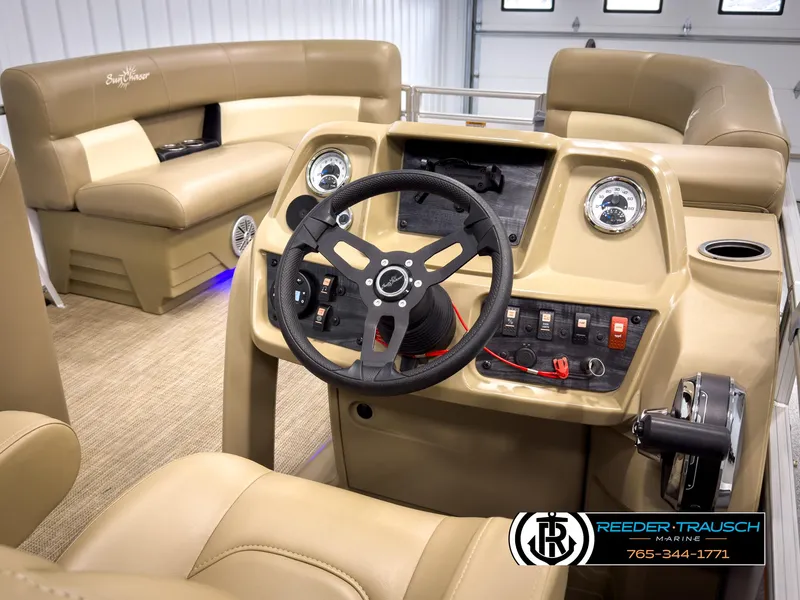 Slide: The Image of Interior view of 2023 SunChaser 20 Vista Fish boat with steering wheel and seating. - 26