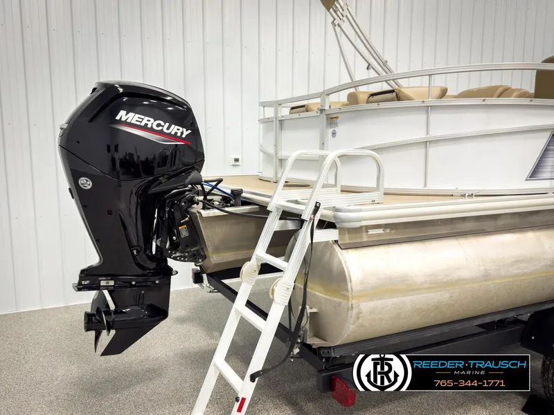 Slide: The Image of 2023 SunChaser 20 Vista Fish pontoon boat with Mercury outboard motor in showroom. - 38
