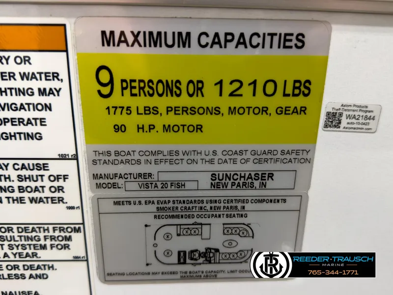 Slide: The Image of Maximum capacity label for 2023 SunChaser 20 Vista Fish boat, 9 persons or 1210 lbs. - 45