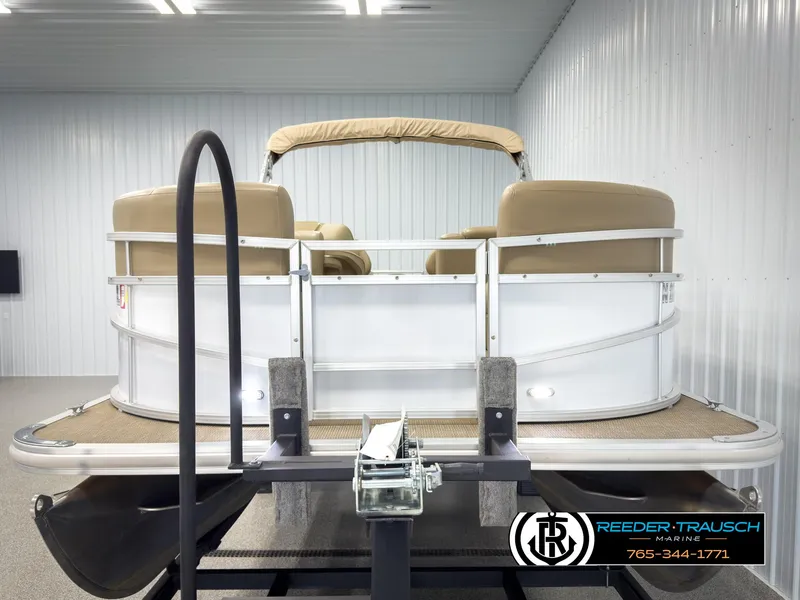 Slide: The Image of 2023 SunChaser 20 Vista Fish pontoon boat in showroom, rear view. - 8