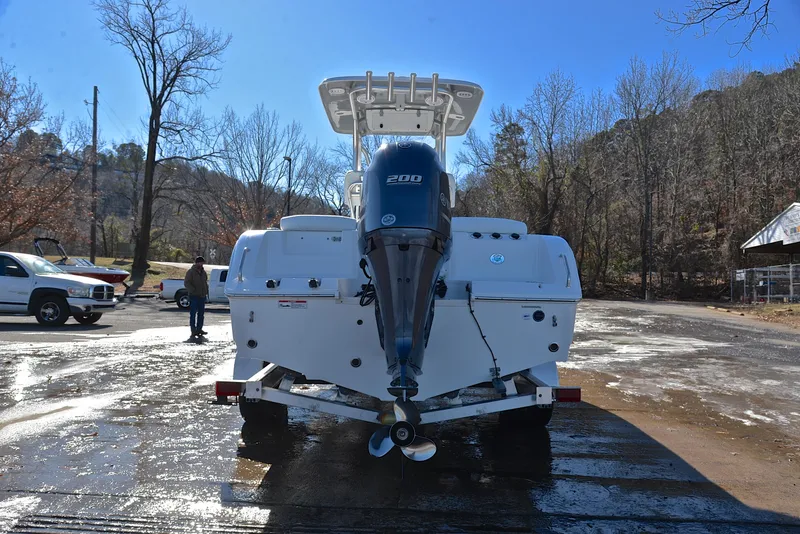Slide: The Image of 2019 Sea Hunt 225 Ultra boat on trailer, rear view, outdoors. - 13