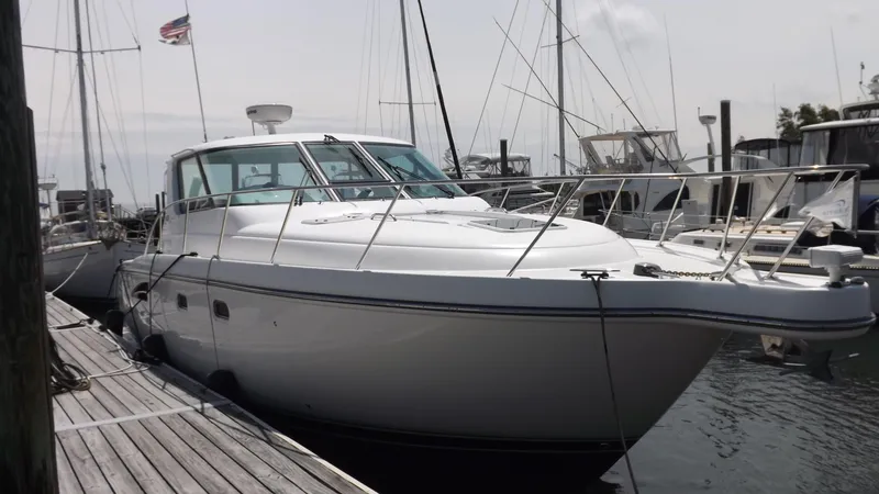 Slide: The Image of 2007 Tiara Yachts 3600 Sovran docked at marina, side view. - 7