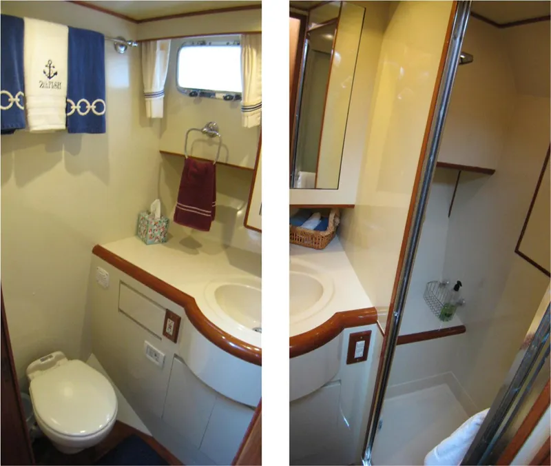 Slide: The Image of Bathroom interior of 2003 Ocean Alexander 423 Classicco yacht, featuring sink, toilet, and shower. - 34