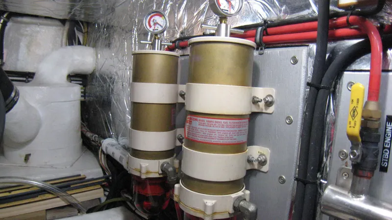 Slide: The Image of Engine room of 2003 Ocean Alexander 423 Classicco with fuel filters and gauges. - 41