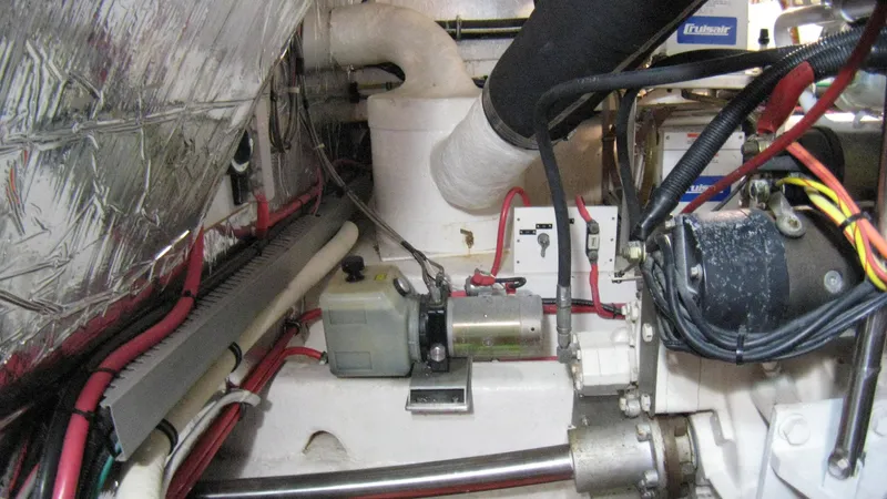 Slide: The Image of Engine room of 2003 Ocean Alexander 423 Classicco with visible wiring and components. - 42