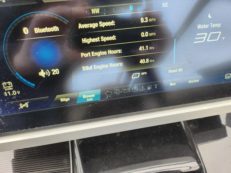 Slide: The Image of Yamaha Boats 2022 255XD dashboard display showing speed, engine hours, and water temperature. - 22