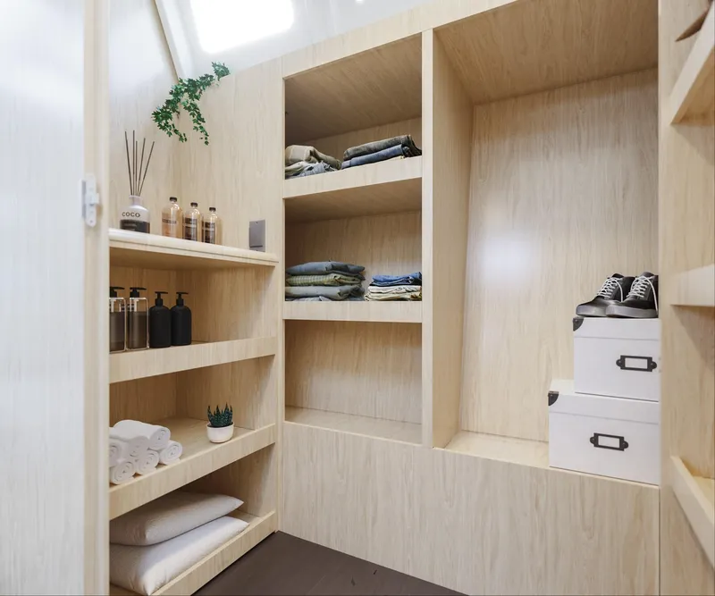 Slide: The Image of Modern storage space in Bavaria C46 yacht, featuring shelves with towels, clothes, and shoes. - 15