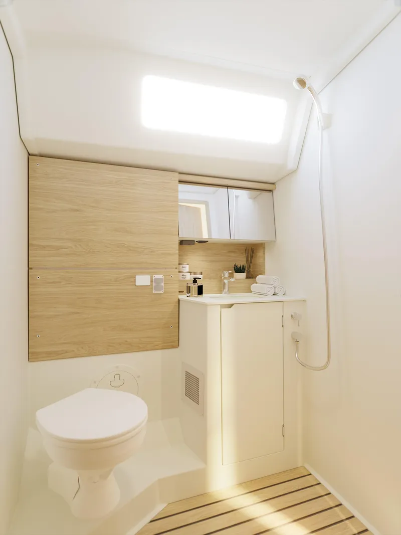 Slide: The Image of Modern bathroom in 2025 Bavaria C46 yacht with sleek design and wooden accents. - 18