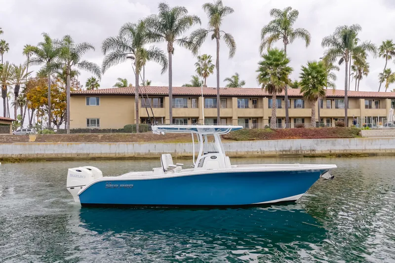Slide: The Image of 2020 Seapro 25 DLX boat on water, palm trees and building in background. - 3