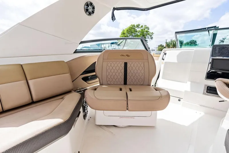 Slide: The Image of Interior of 2019 Sea Ray SLX 400 OB boat with luxurious seating. - 33