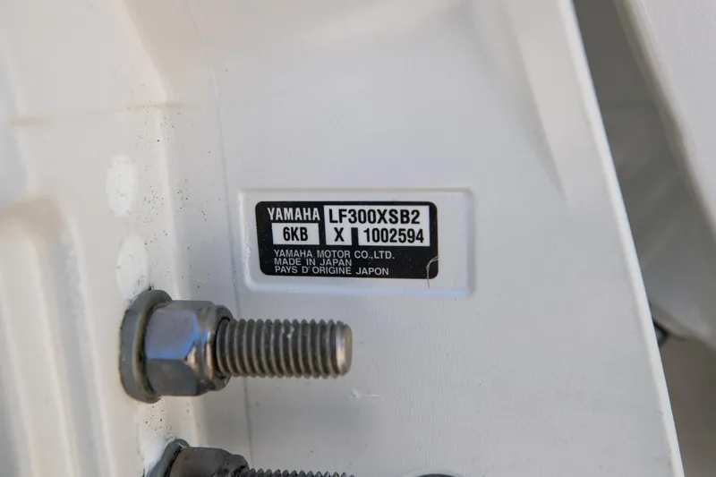 Slide: The Image of Yamaha motor label on 2024 Cobia 320 CC boat, showing model LF300XSB2. - 45
