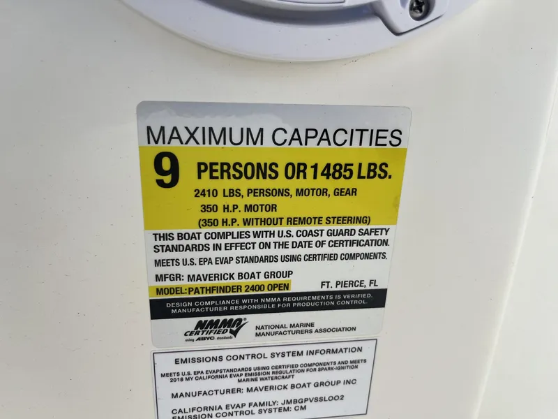 Slide: The Image of Capacity label for 2024 Pathfinder 2400 Open boat, max 9 persons or 1485 lbs, 350 HP motor. - 24