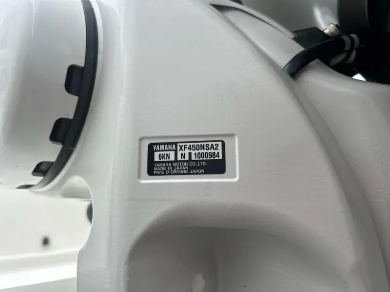 Slide: The Image of Close-up of Yamaha XF450NSA2 engine label on 2024 Cobia 350 CC boat. - 10