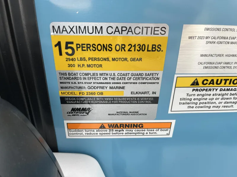 Slide: The Image of 2024 Hurricane FunDeck 2360 SFL OB capacity label, 15 persons or 2130 lbs, 300 HP motor. - 22