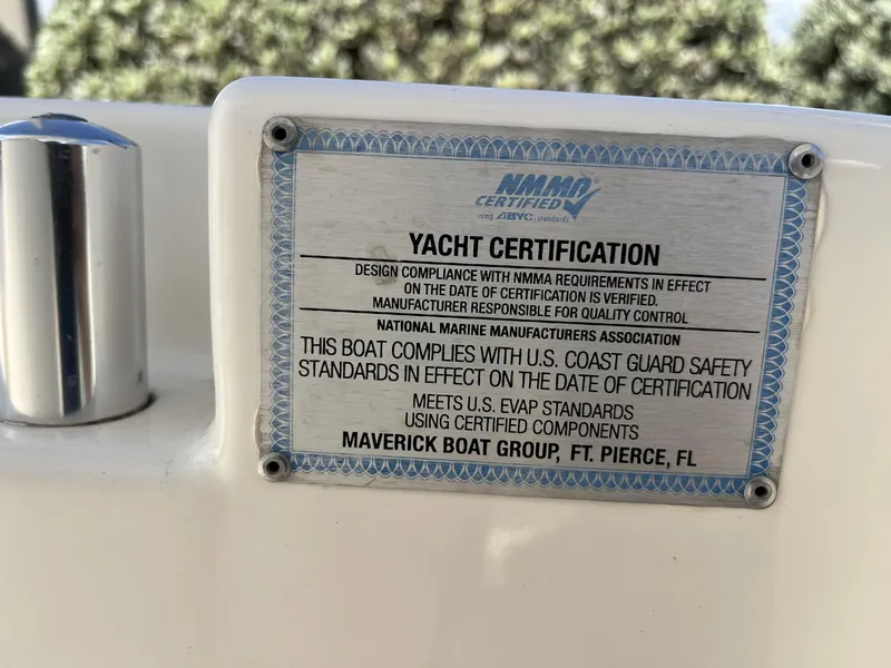Slide: The Image of 2024 Cobia 262 CC yacht certification plaque, NMMA certified, Maverick Boat Group, Ft. Pierce, FL. - 15