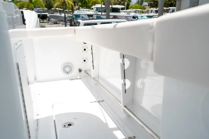Slide: The Image of Interior view of 2025 Sea Hunt Gamefish 28 FS boat, showcasing sleek white design and fittings. - 36