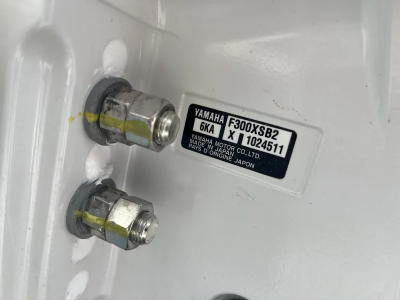 Slide: The Image of Close-up of Yamaha F300XSB2 engine label on 2025 Cobia 285 CC boat. - 10