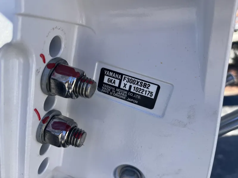 Slide: The Image of Close-up of Yamaha F300XSB2 engine label on 2025 Pathfinder 2400 TRS boat. - 8