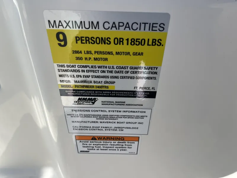 Slide: The Image of 2025 Pathfinder 2400 TRS capacity label: 9 persons or 1850 lbs, 350 HP motor. - 30