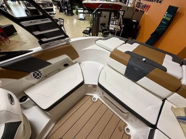 Slide: The Image of 2025 Chaparral 23 SSi boat interior with stylish seating and modern design. - 8