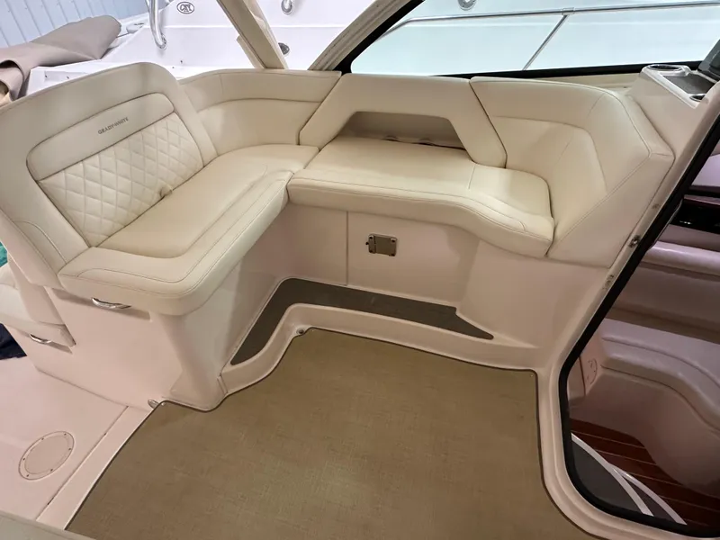 Slide: The Image of 2019 Grady-White Freedom 375 boat interior with luxurious white seating. - 30
