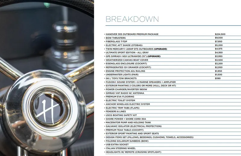 Slide: The Image of Steering wheel with breakdown list for 2025 Hanover 305 Outboard Alpine Gray Ultimate Sport Edition. - 7