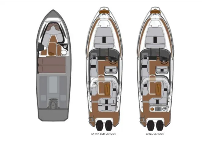 Slide: The Image of 2025 Hanover 305 Outboard Black & White T-Top Edition boat layout, extra bed and grill versions. - 13