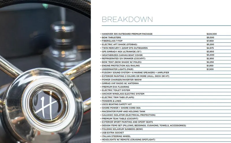 Slide: The Image of Steering wheel and price breakdown for Hanover 305 Outboard Black & White T-Top Edition, 2025. - 14