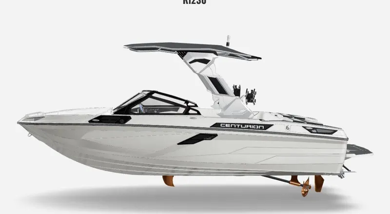 Slide: The Image of 2025 Centurion Ri230 boat, sleek design, white exterior, advanced features, side view. - 1