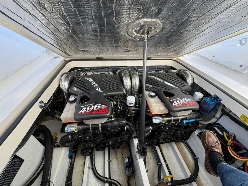 Slide: The Image of Engine compartment of 2008 Fountain 38 Sportfish Express Cruiser with twin MerCruiser 496 engines. - 41