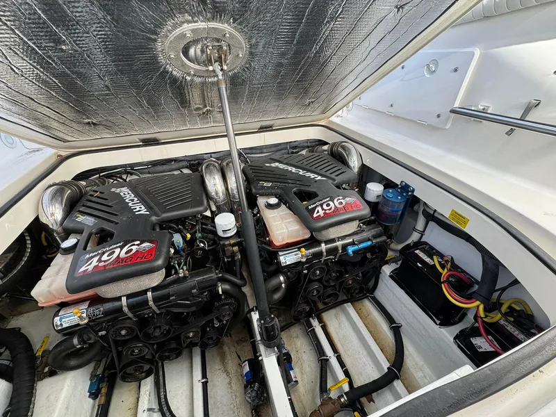 Slide: The Image of Engine compartment of 2008 Fountain 38 Sportfish Express Cruiser with twin Mercury 496 engines. - 42