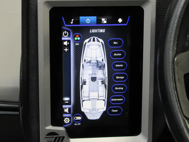 Slide: The Image of Touchscreen control panel in a 2020 Malibu M240 boat, displaying lighting options. - 18