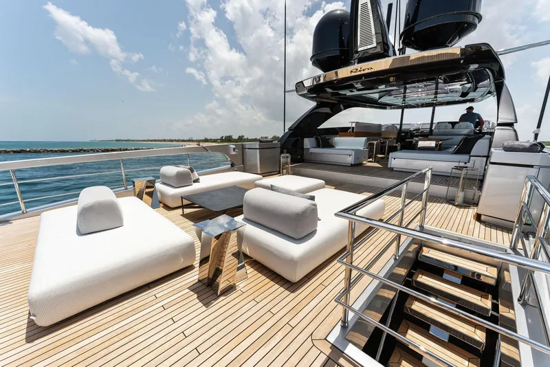 Slide: The Image of Luxurious 2023 Riva Dolcevita yacht deck with sun loungers and ocean view. - 7