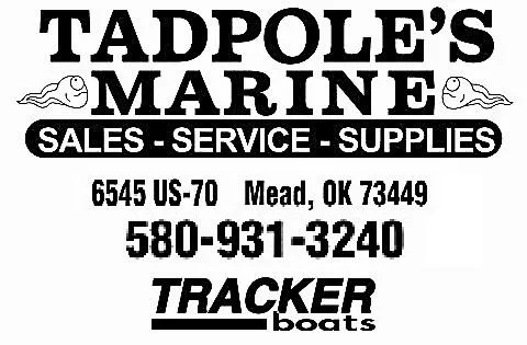 Slide: The Image of Tadpole's Marine advertisement with contact details and Tracker boats logo. - 13