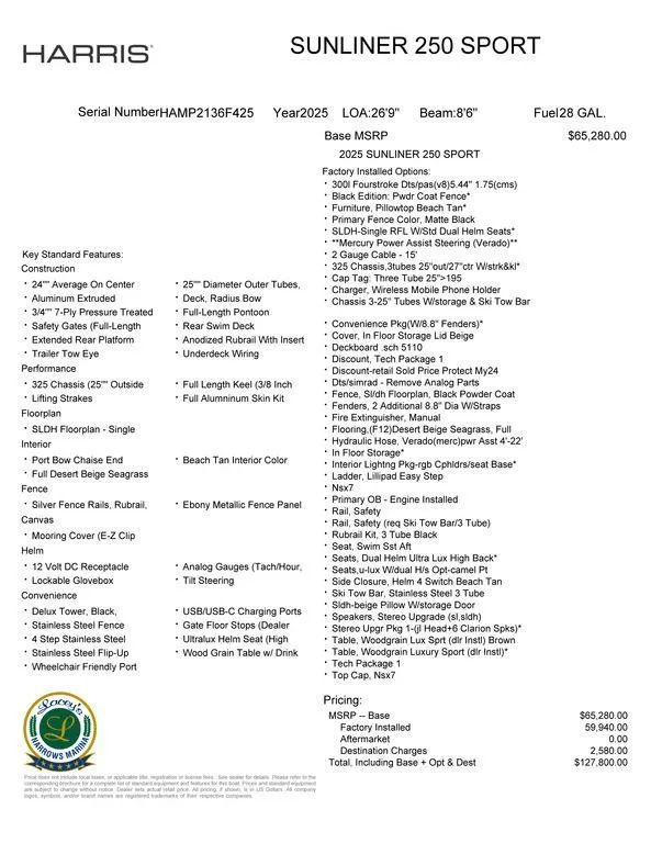 Slide: The Image of 2025 Harris SUNLINER SP 250 specifications and features list, including pricing and standard equipment. - 18