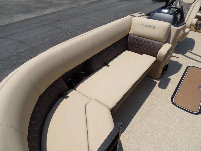 Slide: The Image of Luxurious seating on 2025 Harris SUNLINER SP 250 pontoon boat, featuring beige upholstery. - 3