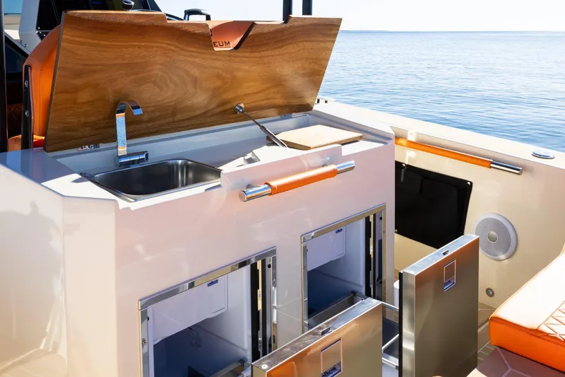 Slide: The Image of Modern AlCustom LIPARI 31 boat kitchen with sink and storage, 2025 model. - 16