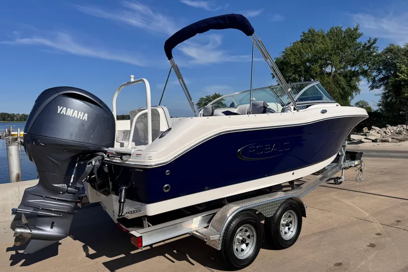 Slide: The Image of 2025 Robalo R207 Dual Console boat with Yamaha engine on trailer, dockside view. - 2