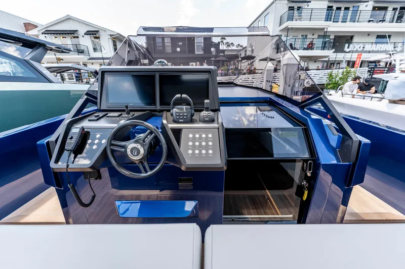 Slide: The Image of 2023 Wally Wallytender 48 yacht interior with modern seating and ocean view. - 19