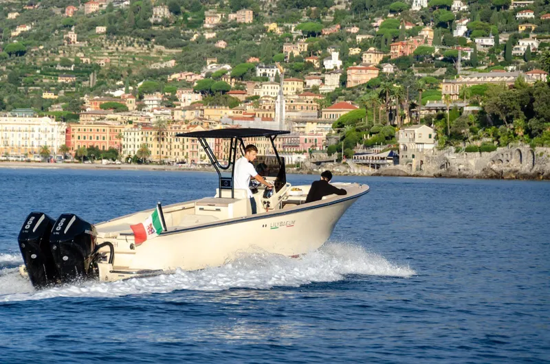 Slide: The Image of AlCustom Levanzo 25 boat cruising near scenic coastal town, 2025 model. - 23