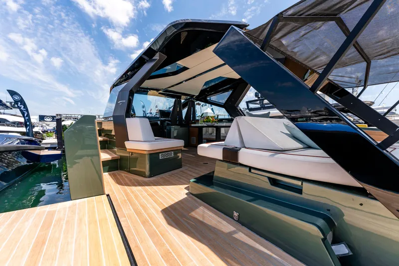 Slide: The Image of Luxurious interior of 2024 Wally WALLYPOWER 58X yacht with modern seating and scenic views. - 16
