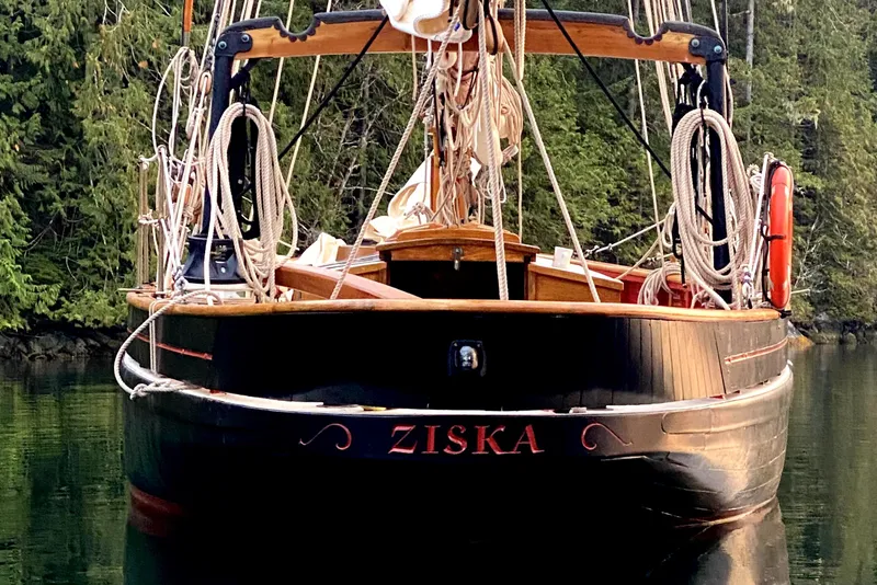 Slide: The Image of Front view of 1903 Custom Morecambe Bay Prawner 38' boat named "Ziska" on calm water. - 13