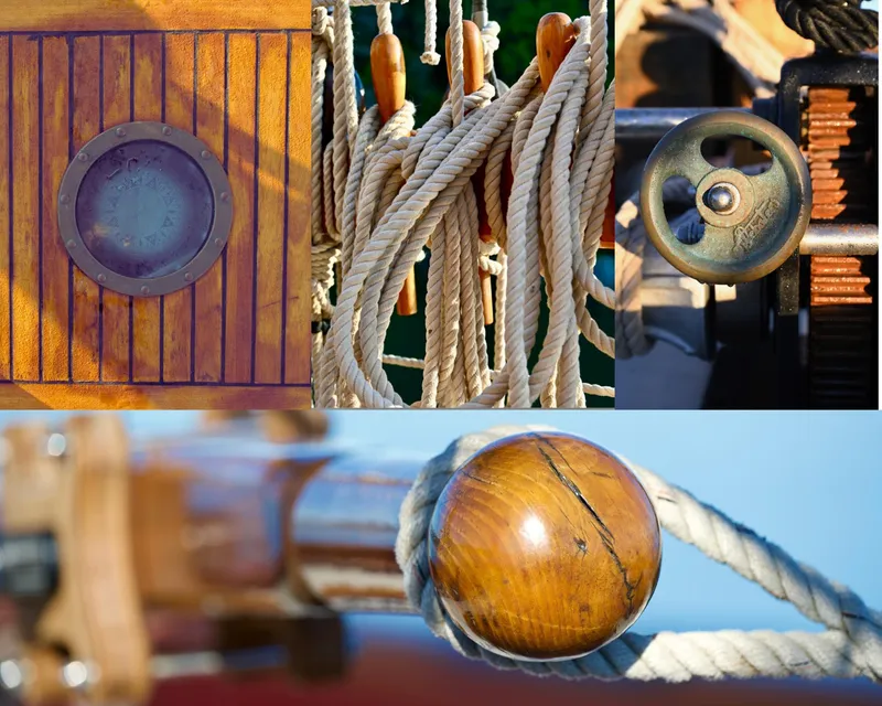 Slide: The Image of Vintage 1903 Morecambe Bay Prawner details: wooden deck, ropes, wheel, and mast. - 7