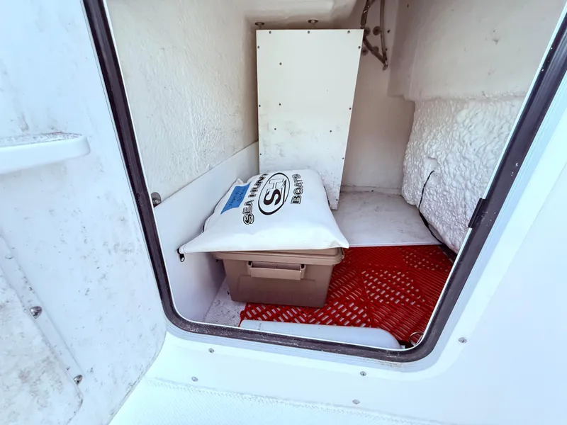 Slide: The Image of 2023 Sea Hunt Ultra 305 SE storage compartment with cushion and red mat. - 32
