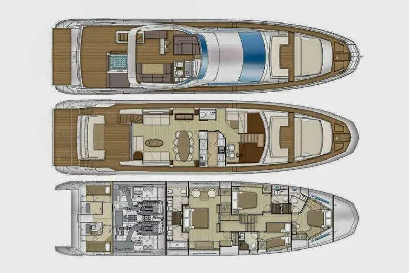 Slide: The Image of Floor plan of 2006 Azimut 105 Grande yacht, showcasing three detailed levels. - 23