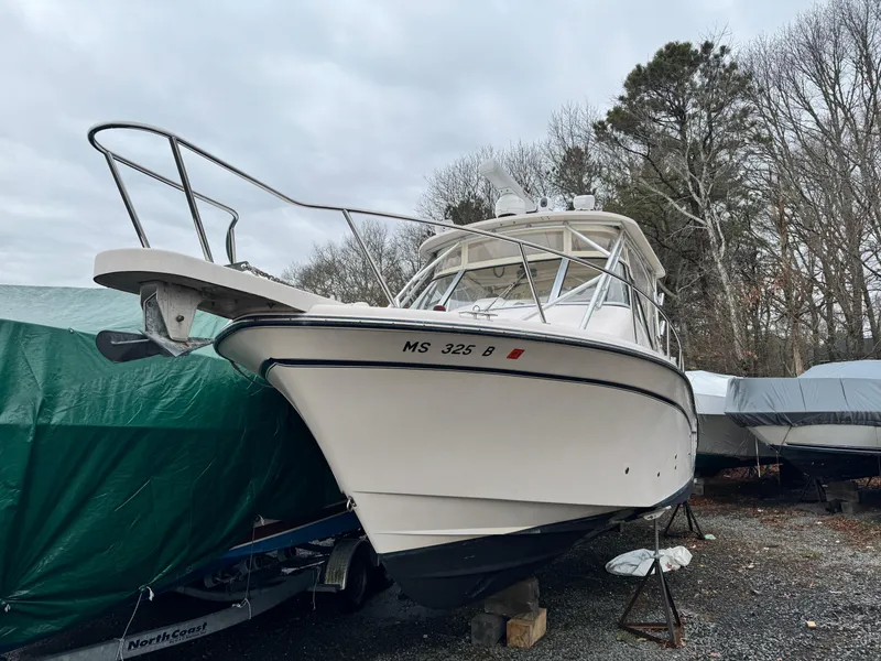 Slide: The Image of 2008 Grady-White Express 305 boat on trailer, parked outdoors, surrounded by trees. - 1