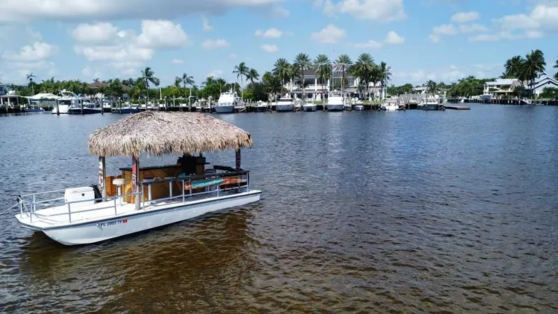 Slide: The Image of Tiki boat by Beachcat, 2022 model, cruising on a sunny waterfront with palm trees. - 5
