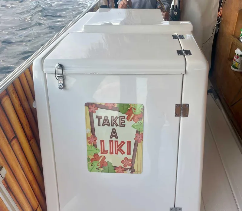 Slide: The Image of White Beachcat Tiki 2022 boat with "Take a Liki" sign, docked by water. - 6