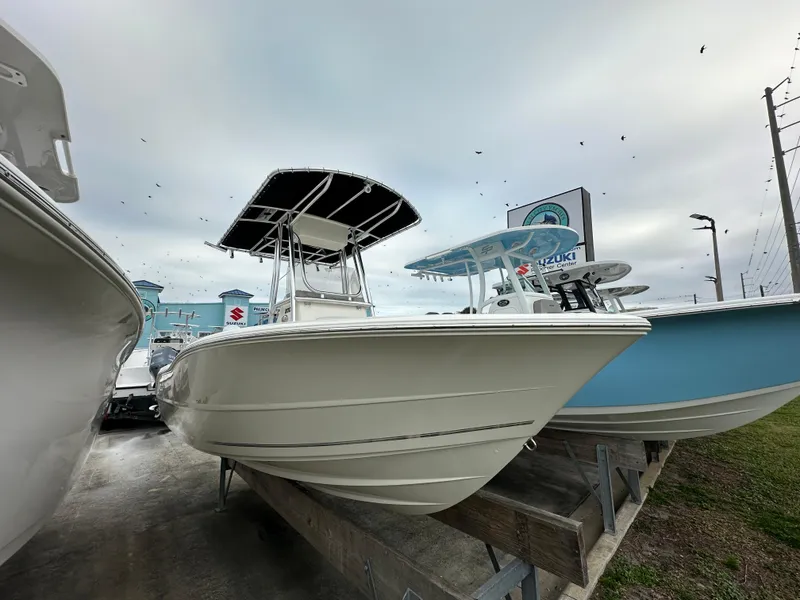 Slide: The Image of 2025 Bulls Bay 200 Center Console boat displayed outdoors. - 2