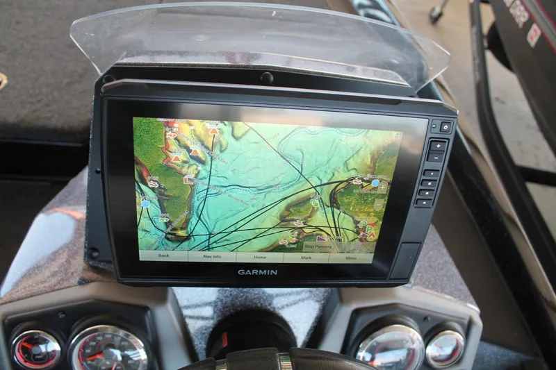 Slide: The Image of Garmin navigation system on 2020 Ranger Z185 boat dashboard, displaying detailed map. - 20
